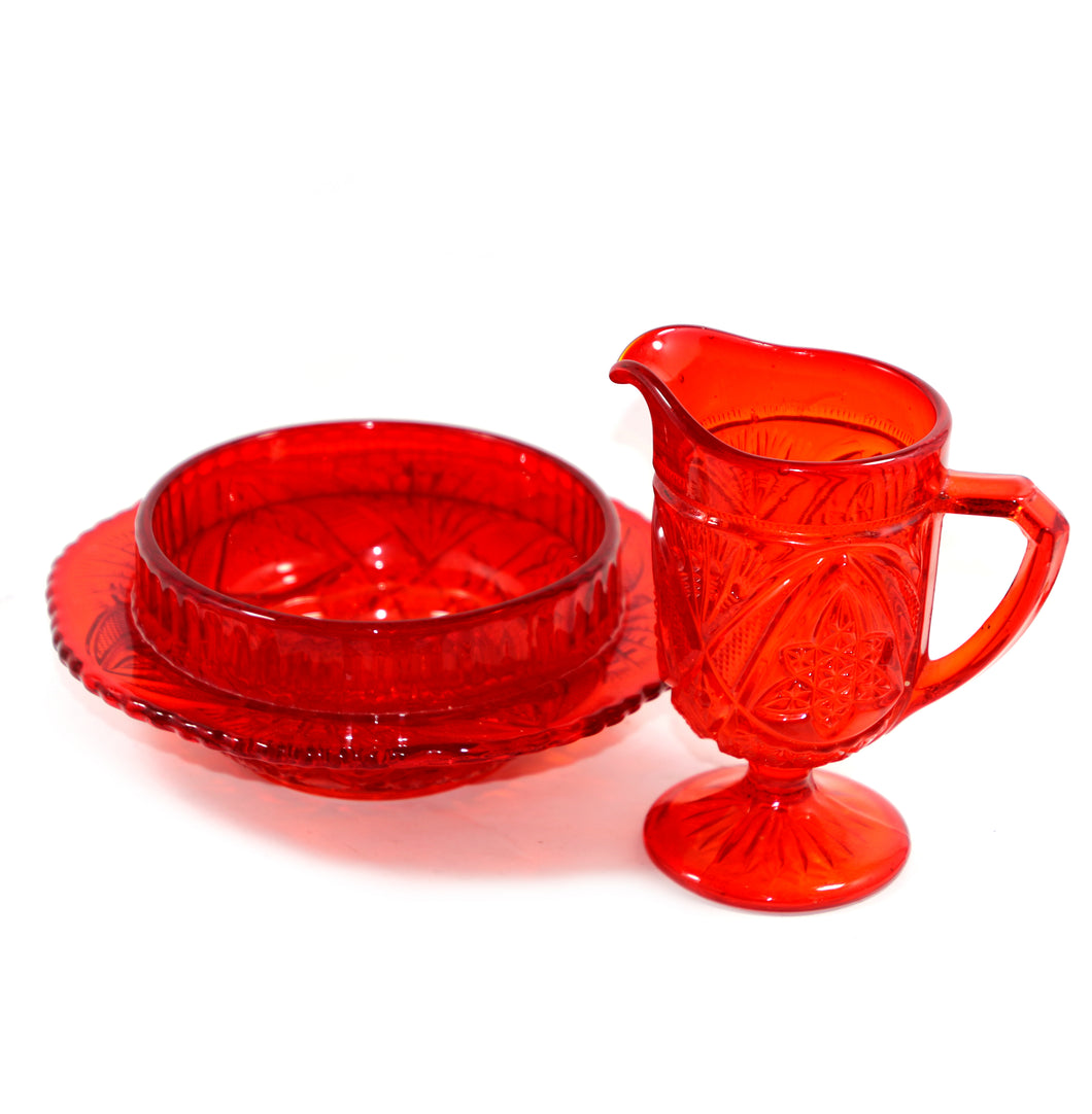 Vintage rare RED depression glass HOBSTAR pattern bowl & jug