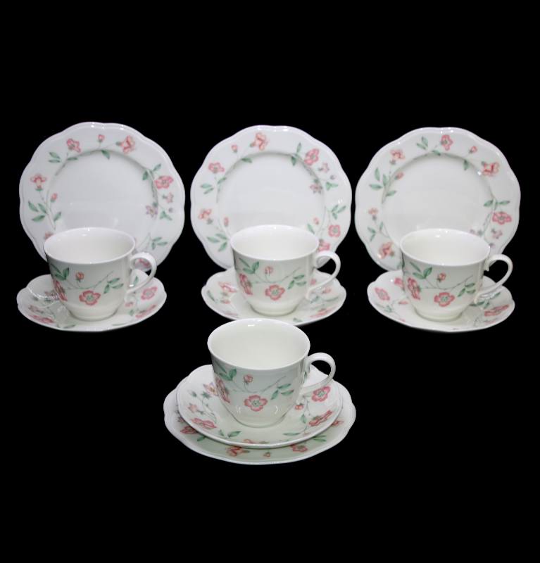 Vintage set of 4 Johnson Bros England pretty pink flower teacup trios