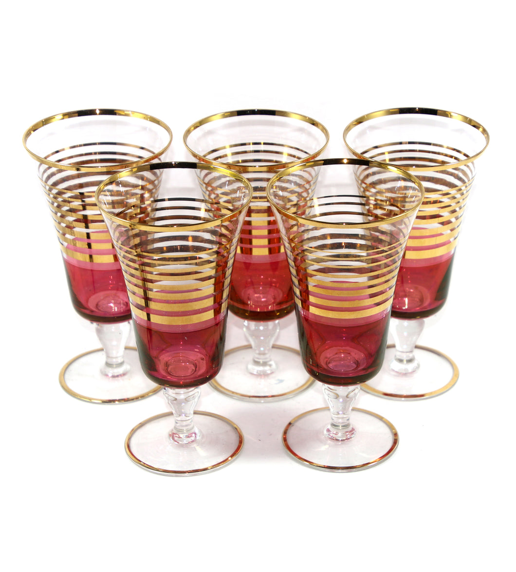 Vintage retro 1960s 1970s set of 5 ruby & clear gilded tall retro glasses