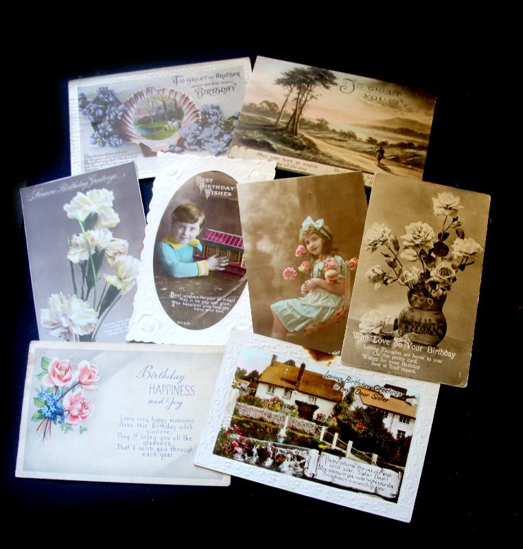 Antique 1910s & 1920s group of 22 birthday & greetings postcards & cards