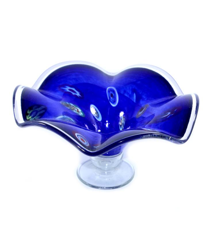 Vintage MURANO Italy cobalt blue millefiori pedestal tazza art glass bowl
