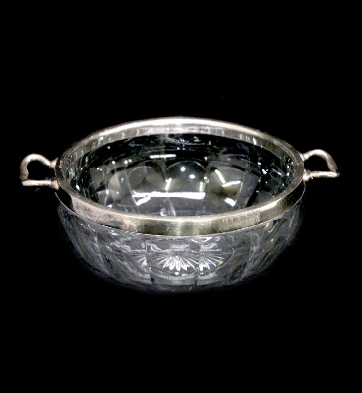 Vintage clear heavy ENGLISH glass fruit bowl with silver plated handled rim
