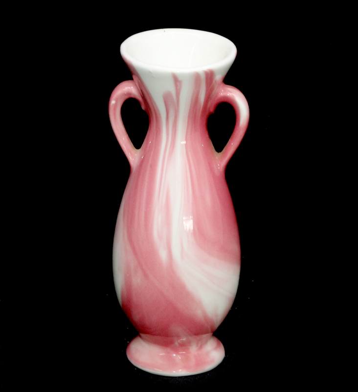 Vintage Japanese MCM mid century pink marbled glaze two handled vase