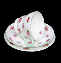 Load image into Gallery viewer, Vintage SHELLEY England ROSEBUD pink roses mint trim pretty teacup trio set

