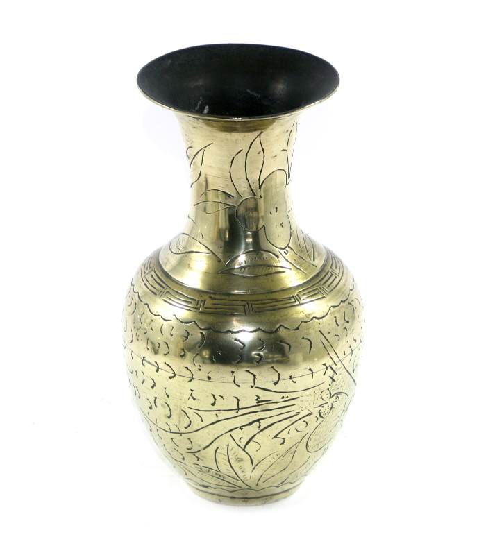 Vintage pretty ornate etched brass bulbous vase