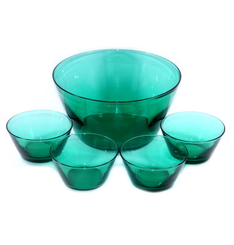 Vintage set of 5 dark green glass bowls - one large serving bowl & 4 smaller bowls