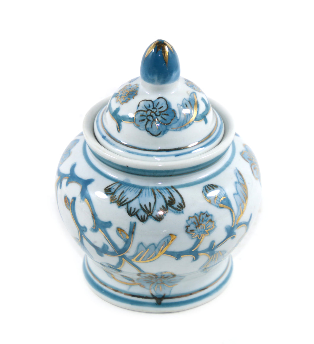 Vintage stunning teal & white small lidded ginger jar urn pot
