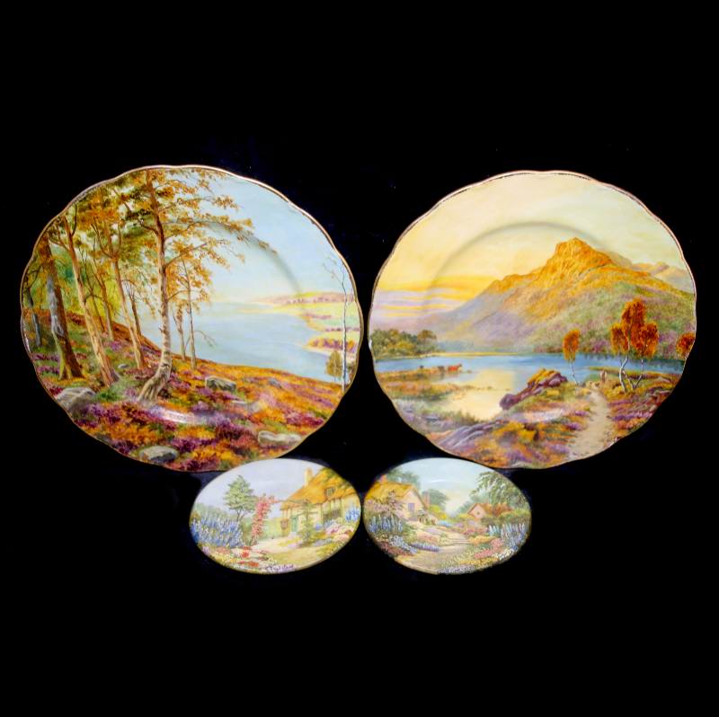 Vintage group of 4 beautifully hand-painted art plates - 2 large, 2 small