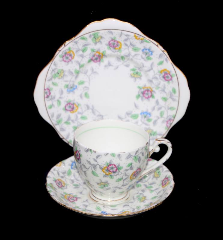 Vintage GRAFTON England bone china floral chintz teacup trio set