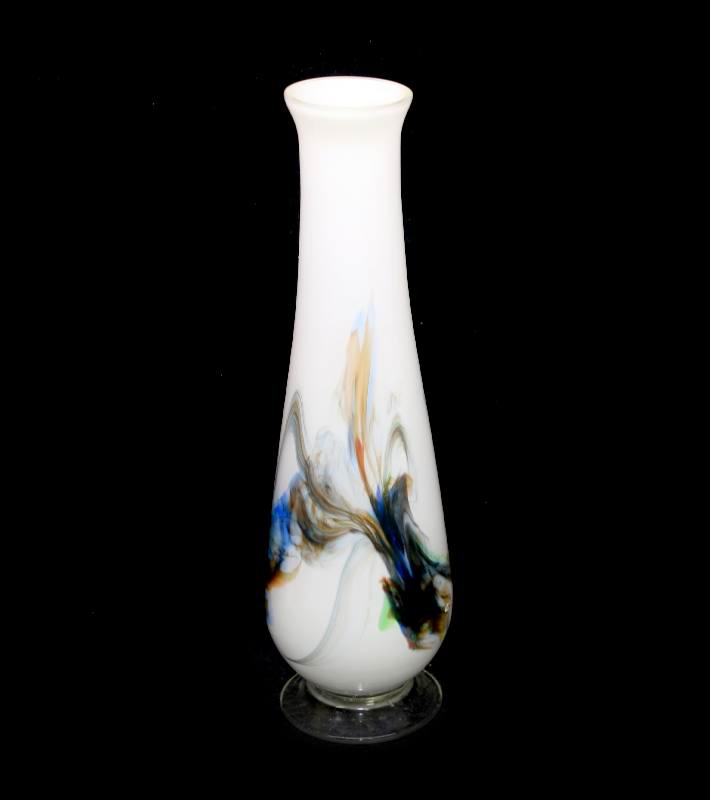 Vintage stunning Swedish white & swirl tall art glass vase