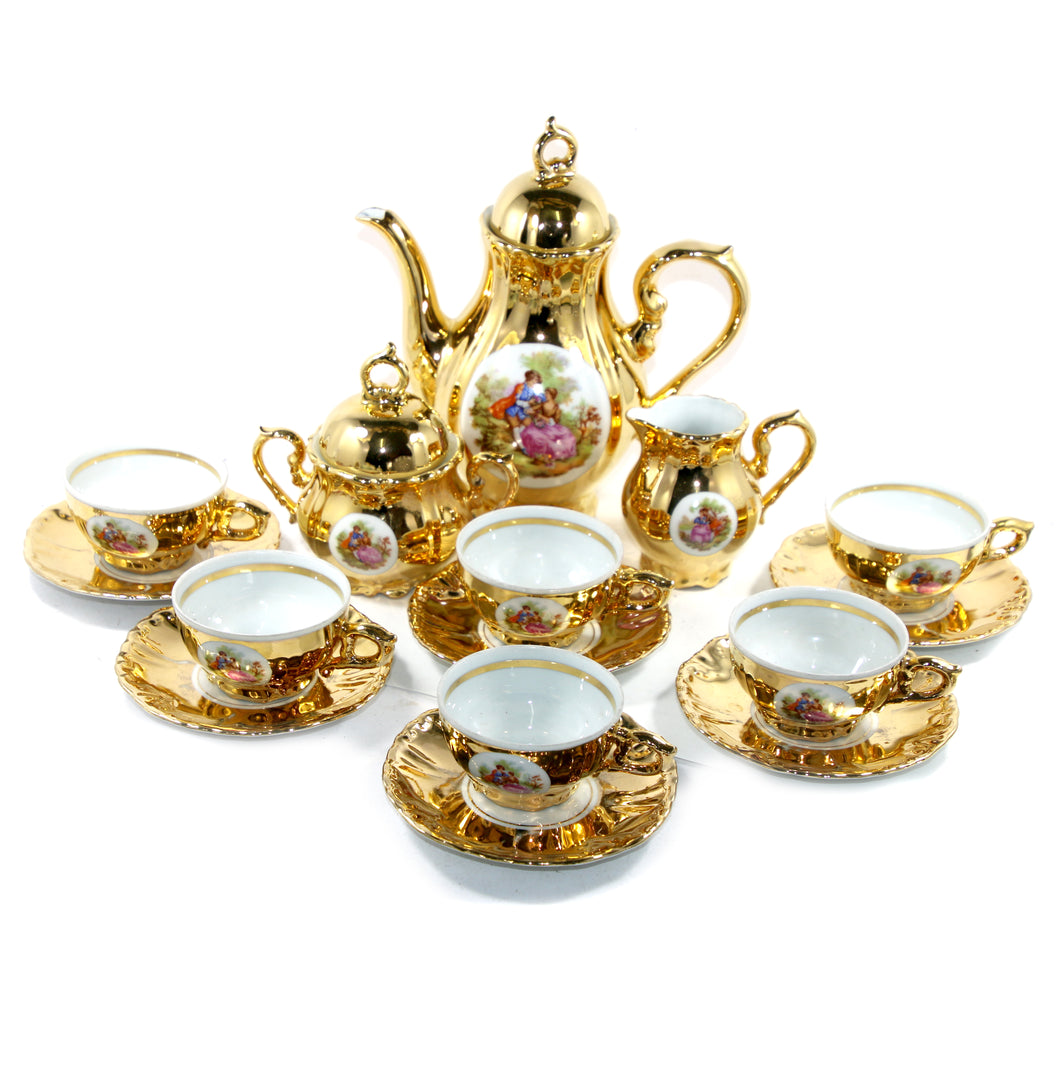 Vintage BONDWARE porcelain gold lovers 6 person coffee set inc pot