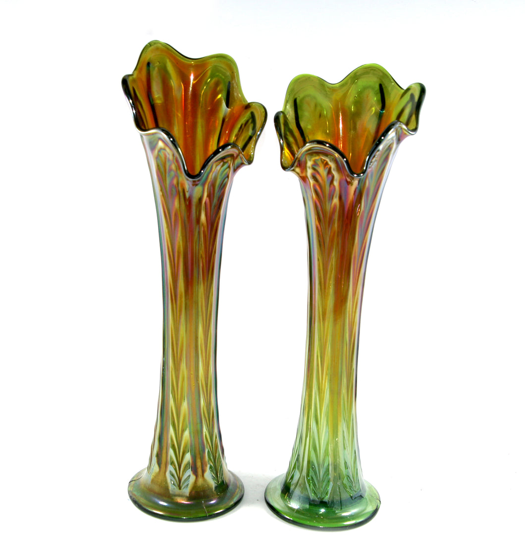 Vintage pair of pretty green shimmer ribbed tall carnival glass flared top vases