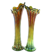 Load image into Gallery viewer, Vintage pair of pretty green shimmer ribbed tall carnival glass flared top vases
