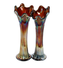 Load image into Gallery viewer, Vintage pair of amethyst purple shimmer ribbed tall carnival glass flared top vases
