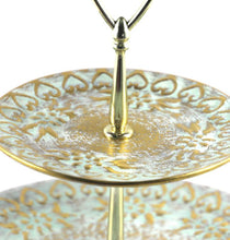 Load image into Gallery viewer, Vintage STANGL New Jersey USA green &amp; gold 2 tier cake stand
