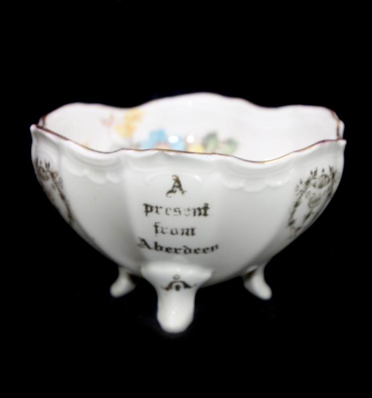 Vintage pretty PRESENT FROM ABERDEEN gilded three footed sugar bowl