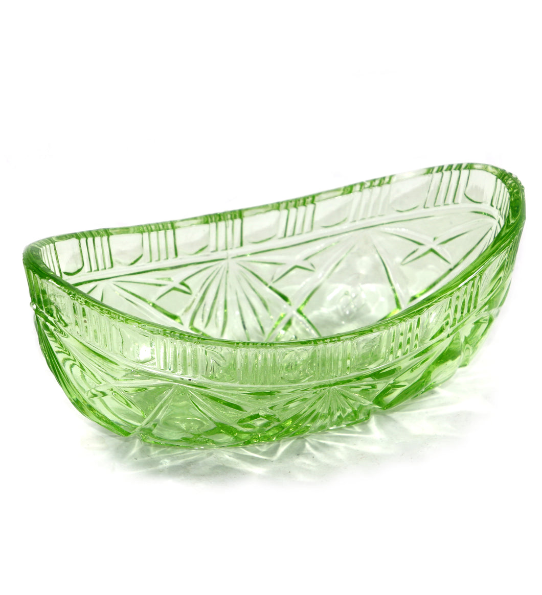 Vintage heavy clear green hobstar solid depression glass canoe bowl