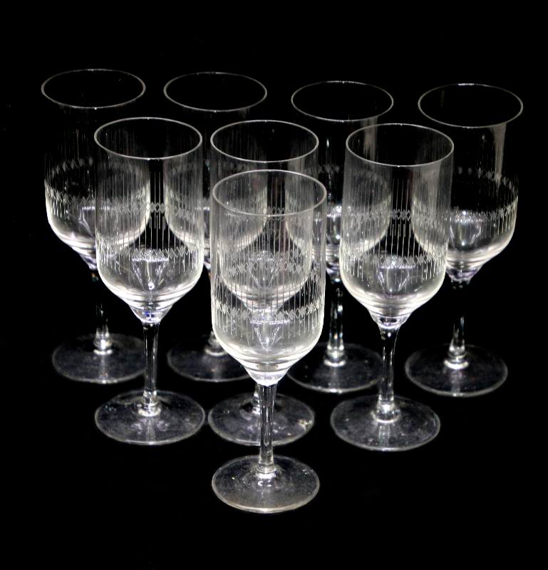 Antique set of 8 engraved fine crystal stemmed liqueur glasses