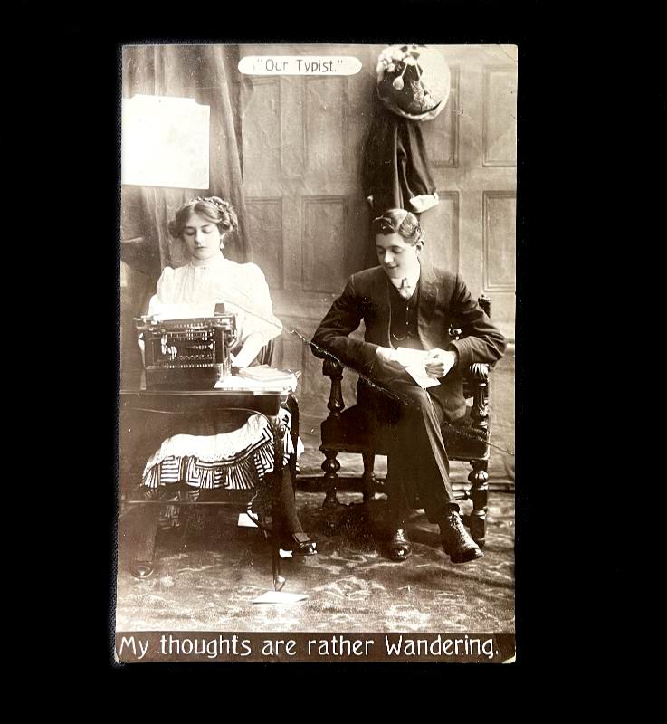 Antique Shenley OUR TYPIST Wandering Thoughts 1910 risque romance postcard