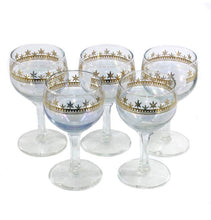 Load image into Gallery viewer, Vintage set of 5 irridescent shimmer star gilded small wine port or sherry glasses
