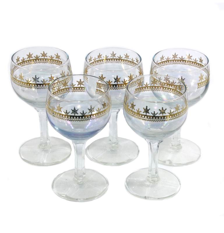 Vintage set of 5 irridescent shimmer star gilded small wine port or sherry glasses