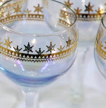 Load image into Gallery viewer, Vintage set of 5 irridescent shimmer star gilded small wine port or sherry glasses

