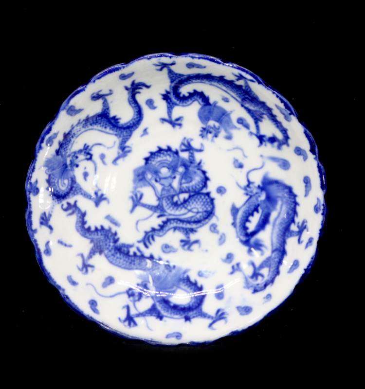 Antique 1880s ASBURY Longton DRAGON pattern flow blue saucer or shallow bowl