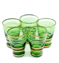 Load image into Gallery viewer, Vintage set of 5 green gilded liqueur or shot glasses
