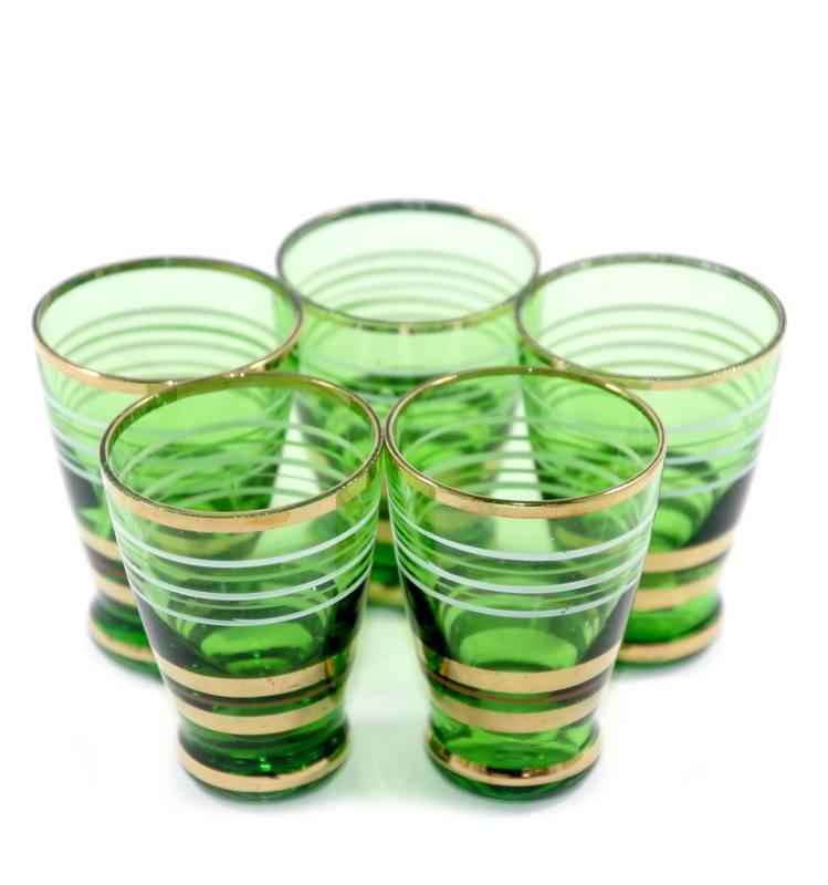 Vintage set of 5 green gilded liqueur or shot glasses