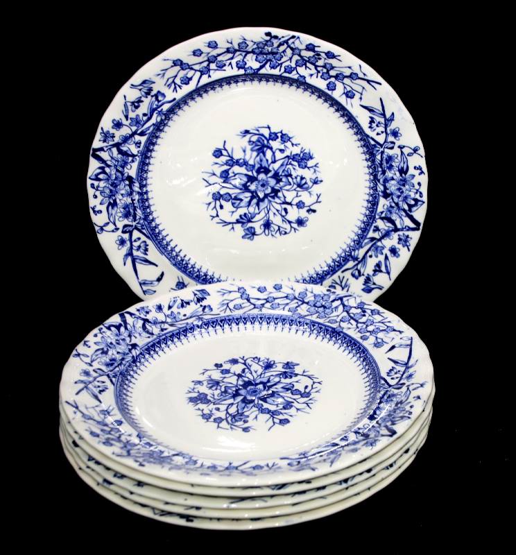 Antique 1800s Keeling & Co England GLOUCESTER blue & white x 6 dinner plates