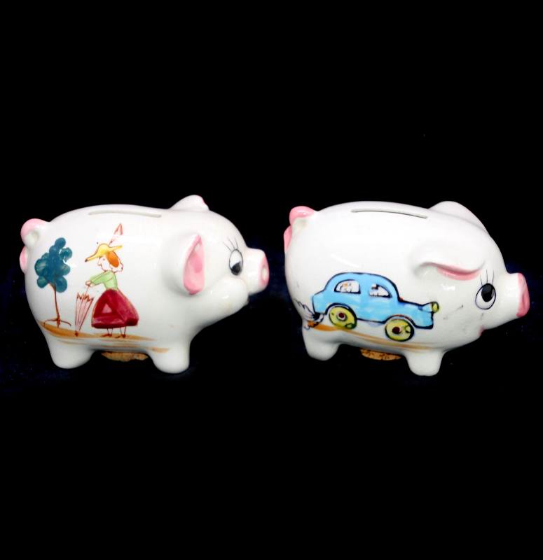 Vintage retro kitsch pair of Japanese 1950s 1960s piggy banks his and hers