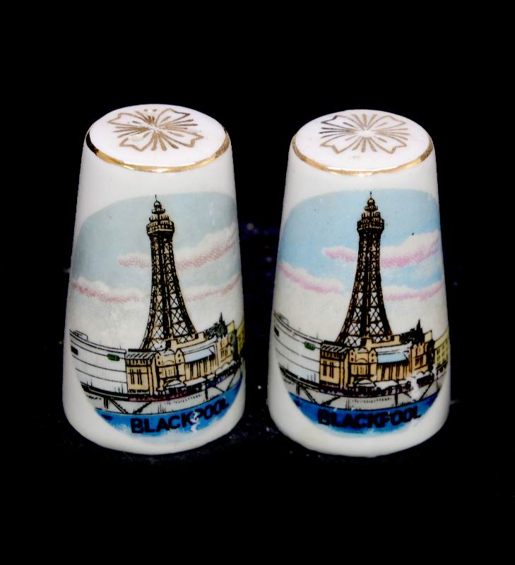 Vintage BLACKPOOL china souvenir pair of salt and pepper pots shakers