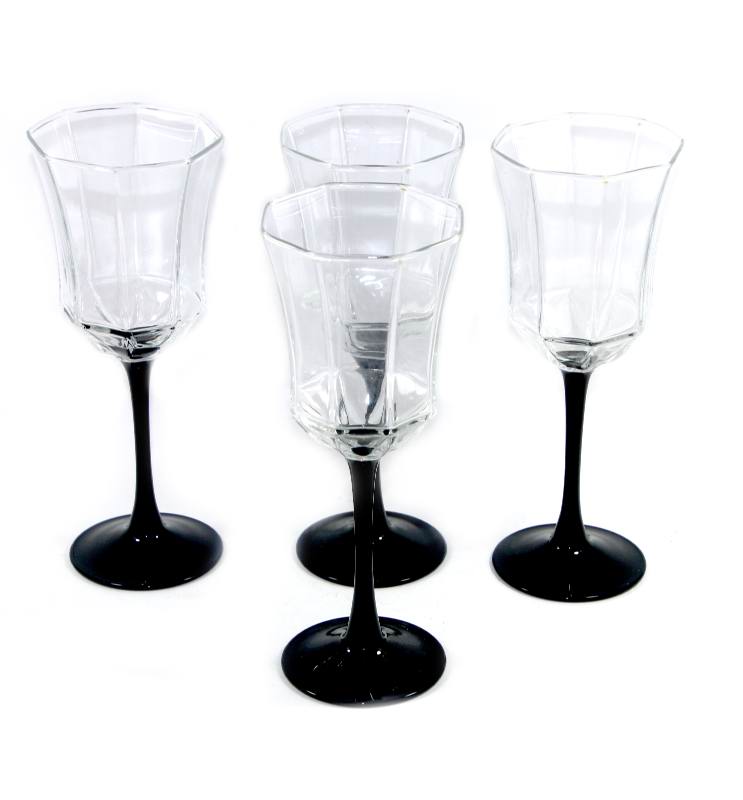 Vintage set of four 1980s octagonal tall wine glasses with black stems
