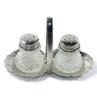 Load image into Gallery viewer, Vintage diamond pressed glass salt &amp; pepper pots on silver plated stand
