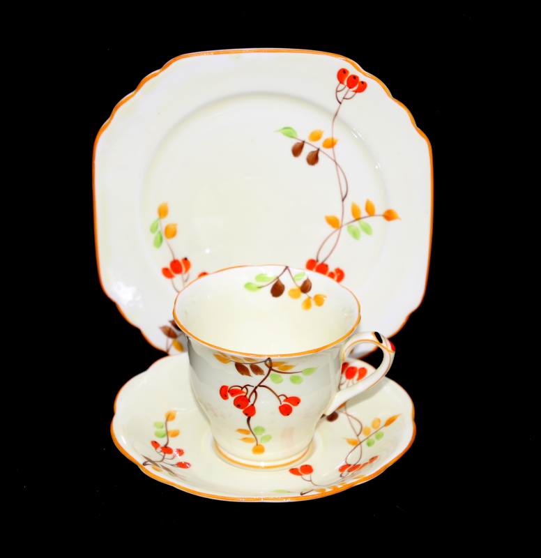 Vintage FOLEY English bone china lemon hand painted art deco teacup trio set