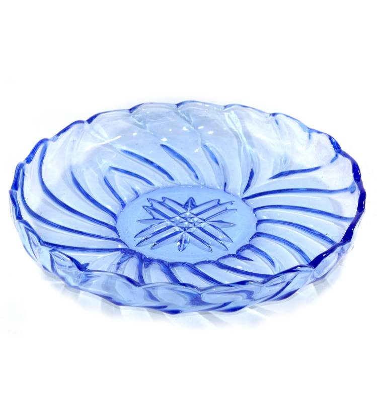 Vintage stunning blue depression pressed glass shallow large bowl