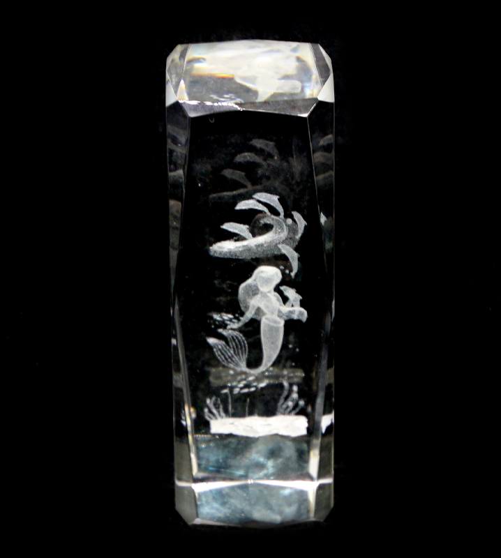 Stunning large & heavy solid laser etched crystal paperweight with mermaid
