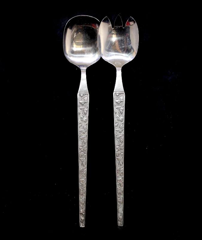 Vintage pair of 1970s retro stainless steel butterfly handle long salad servers