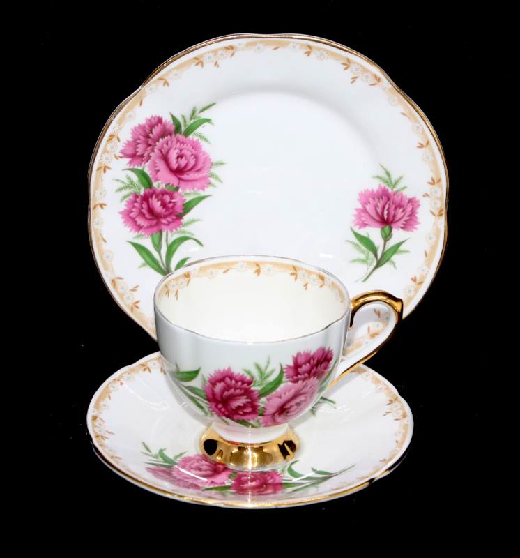 Vintage TAYLOR & KENT England bone china pretty carnation teacup trio