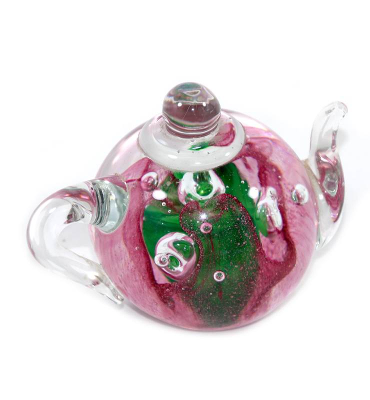 Vintage stunning pink and green heavy glass teapot paperweight