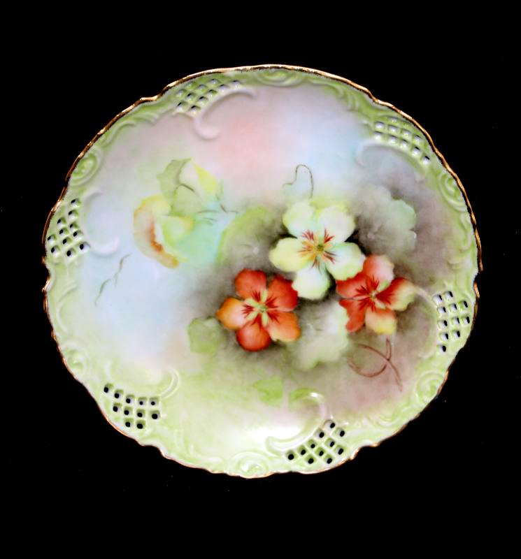 Vintage exquisitely pretty MARY STONER green floral pastel hand painted plate