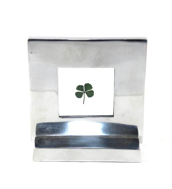 Vintage lucky four leaf clover pressed in silver/chrome frame