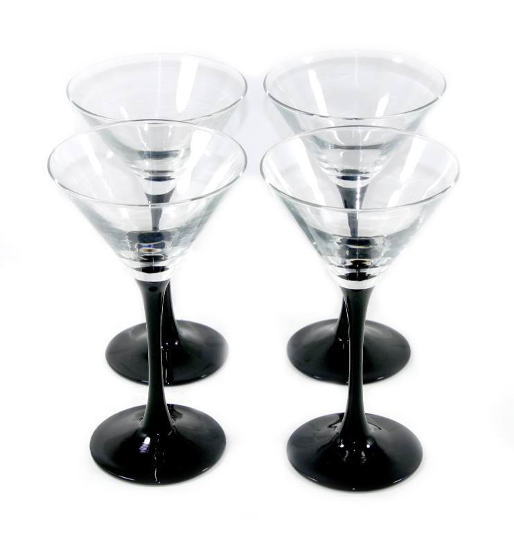 Vintage set of 4 clear glass with black stem martini glasses