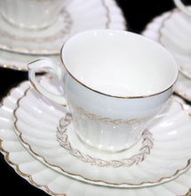 Load image into Gallery viewer, Vintage J&amp;G Meakin Classic White GARLAND GOLD set of 6 gilded teacup trios

