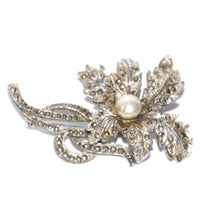 Load image into Gallery viewer, Vintage gold &amp; silver tone faux pearl marcasite flower brooch
