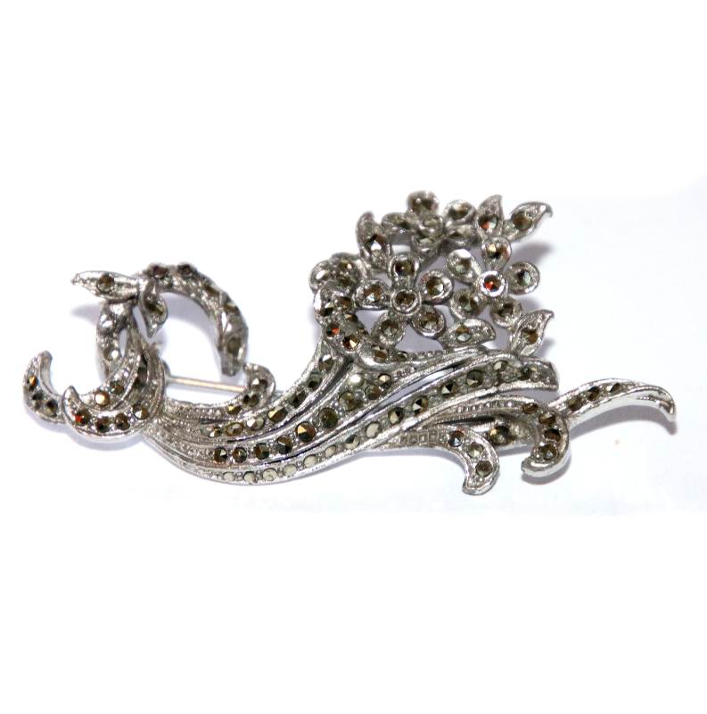 Vintage silver tone & marcasite sparkly cornucopia flower pin brooch