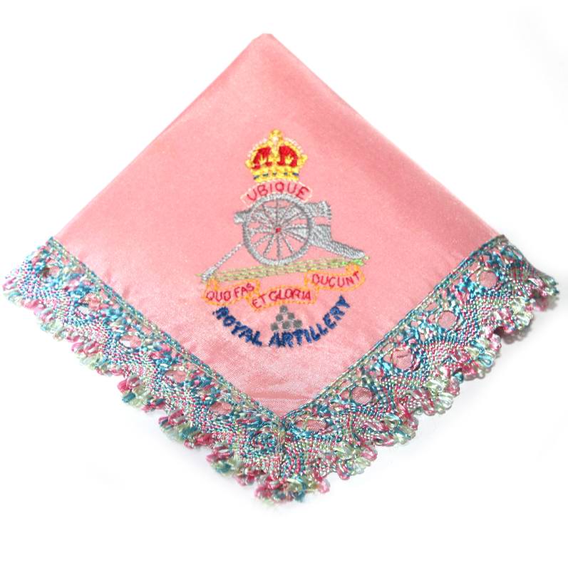 Vintage embroidered ROYAL ARTILLERY Ubique pink lace trim handkerchief hanky