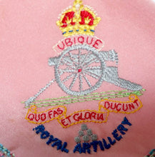 Load image into Gallery viewer, Vintage embroidered ROYAL ARTILLERY Ubique pink lace trim handkerchief hanky
