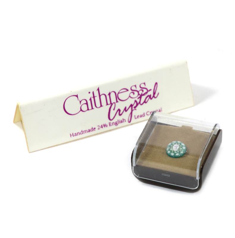Vintage green Caithness Scotland millefiori miniature glass paperweight pin