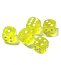 Load image into Gallery viewer, Set of 5 yellow solid dice that glow green under UV light

